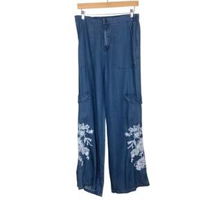 Johnny Was Alicent Denim Cargo Pants Chambray Embroidered Wide Leg Size Small